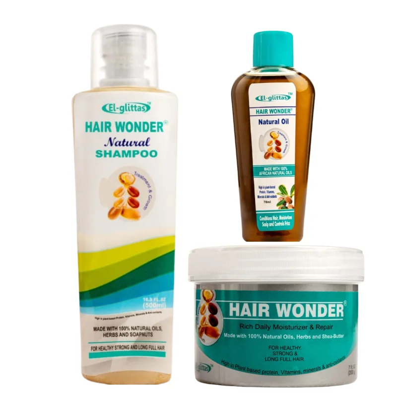 El Glittas Hair Wonder 3-Piece Hair Growth & Repair Kit - Natural Shampoo, Oil & Moisturizer