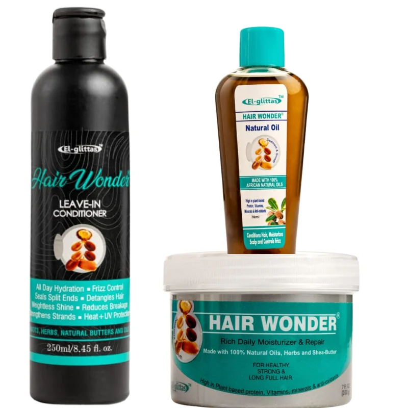 El Glittas Hair Wonder 3-Piece Moisturizing & Strengthening Kit - Oil, Leave-in Conditioner & Daily Moisturizer