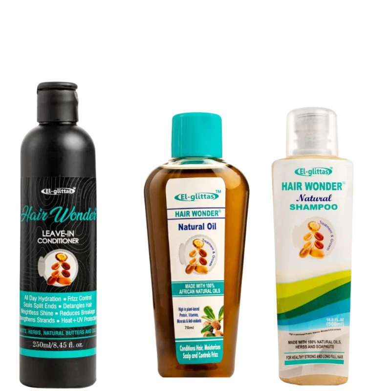 El Glittas Hair Wonder 3-Piece Daily Hair Care Bundle - Shampoo, Leave-in Conditioner & Natural Oil
