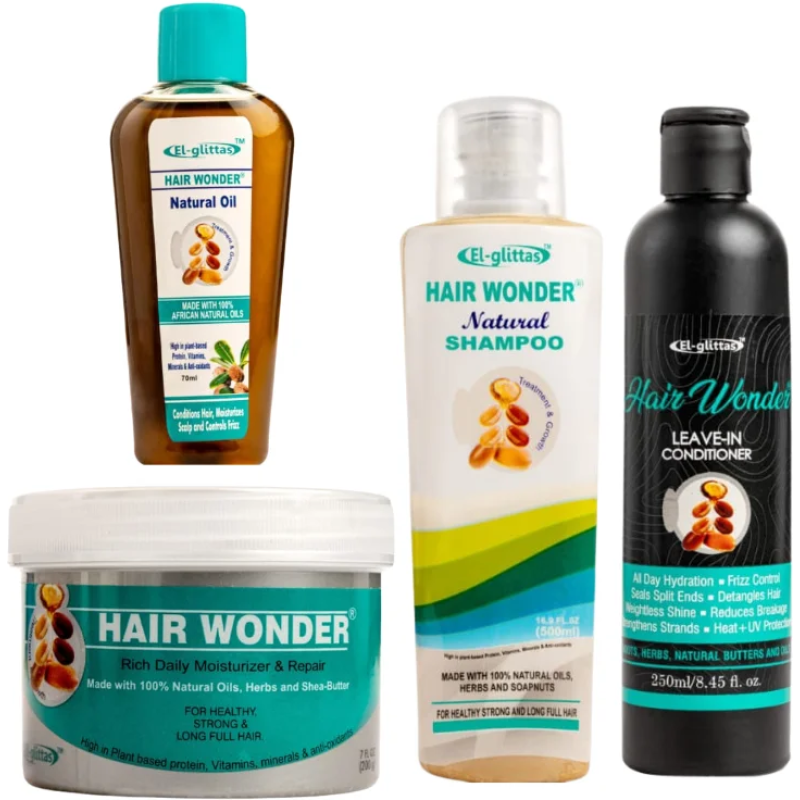 El Glittas Hair Wonder 4-Piece Complete Hair Care System - Shampoo, Conditioner, Oil & Moisturizer