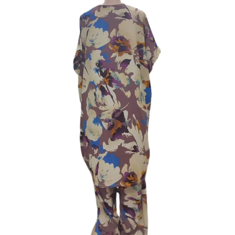 Abstract Floral Print Kimono Tunic & Wide-Leg Pants Set - Comfortable Lounge & Resort Wear