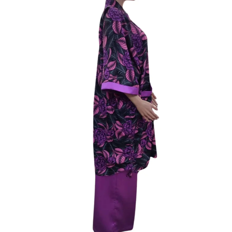 Elegant Purple Floral Print Kimono & Pants Set - Stylish & Comfortable1