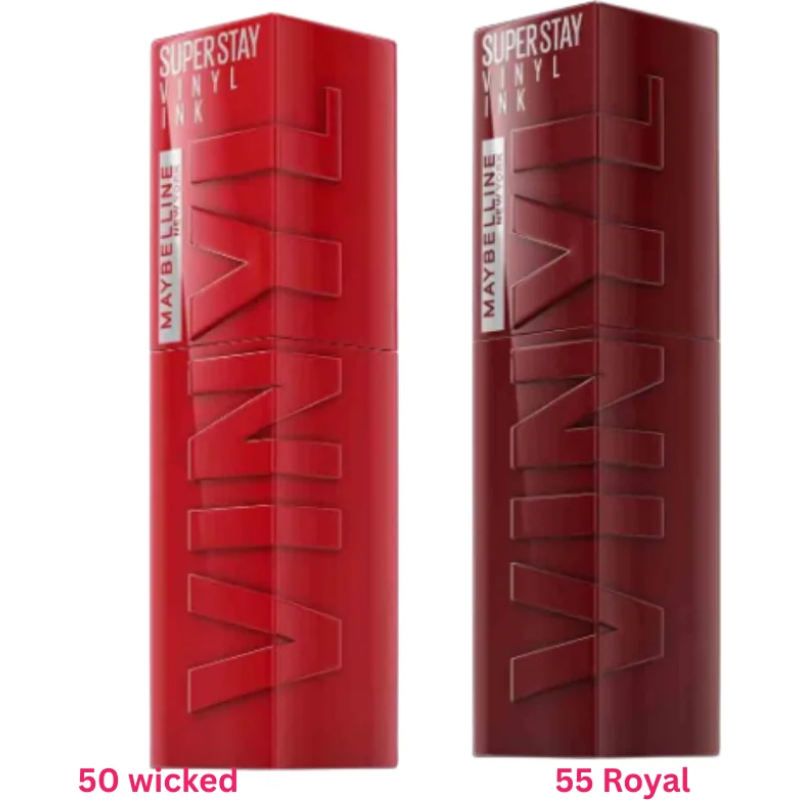 Maybelline Super Stay Vinyl Ink Liquid Lipstick - Fierce Red Shades, 16HR Wear (50 Wicked & 55 Royal)