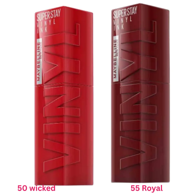 Maybelline Super Stay Vinyl Ink Liquid Lipstick - Fierce Red Shades, 16HR Wear (50 Wicked & 55 Royal)