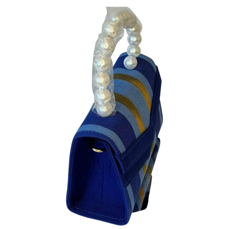 Yetty Mini Adire Fabric Handbag with Detachable Pearl Handle & Stripe Design - African Inspired Fashion2