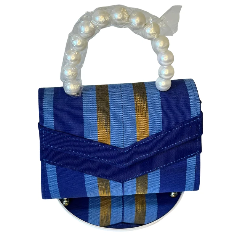Yetty Mini Adire Fabric Handbag with Detachable Pearl Handle & Stripe Design - African Inspired Fashion