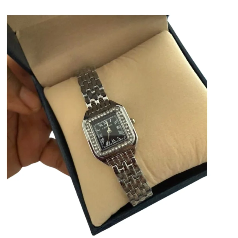Elegant Women's Cartier Square Dial Silver-Tone Watch with Crystal Bezel