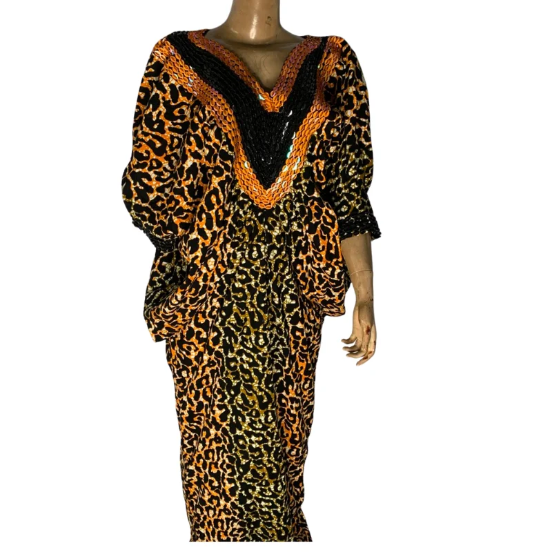 Vibrant Leopard Print Kaftan Dress with Embellished Neckline - African Inspired Fashion