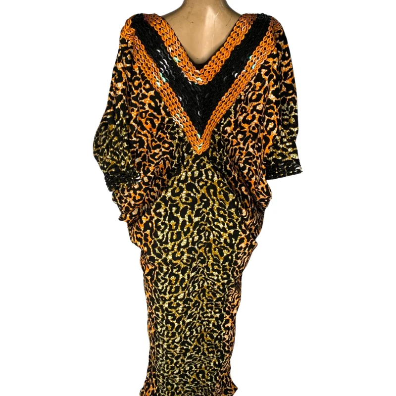 Vibrant Leopard Print Kaftan Dress with Embellished Neckline - African Inspired Fashion