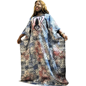 Abstract Print Maxi Kaftan Dress - Multi-Color Batik Style with Embroidered Neckline