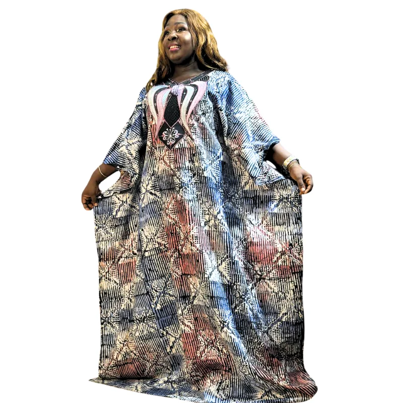 Abstract Print Maxi Kaftan Dress - Multi-Color Batik Style with Embroidered Neckline