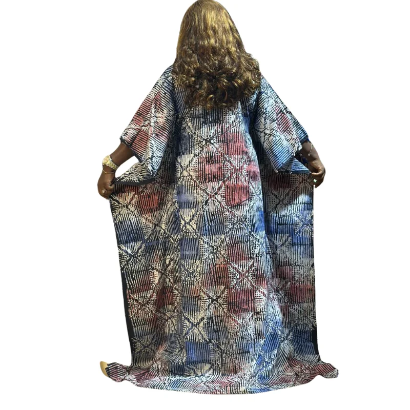 Abstract Print Maxi Kaftan Dress - Multi-Color Batik Style with Embroidered Neckline1