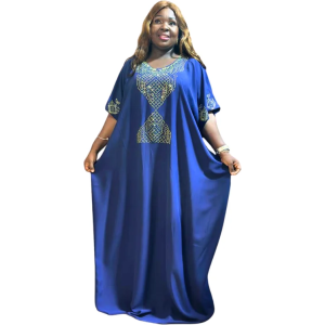 Elegant Embellished Maxi Kaftan Dress - Navy Blue with Gold & Silver Detail
