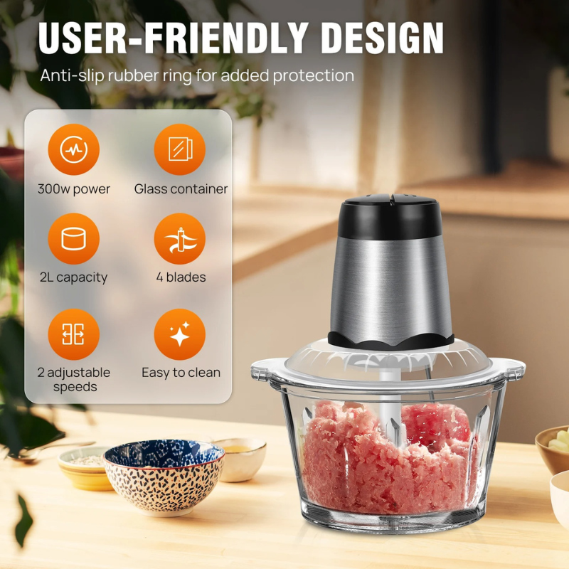 Electric Food Chopper - 2L Glass Bowl & 300W Power