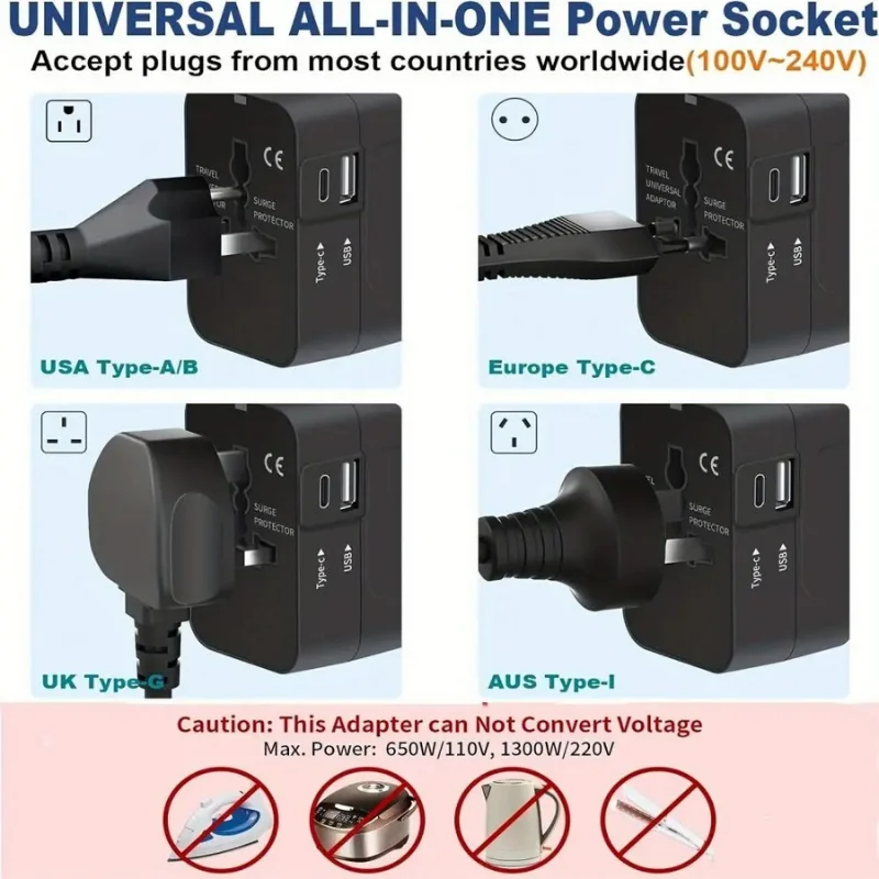 Universal All-in-One Travel Power Adapter - Global Compatibility & USB Ports1