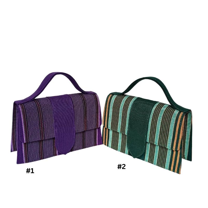 Stripe Woven Clutch - Structured Top-Handle Fabric Evening Bag