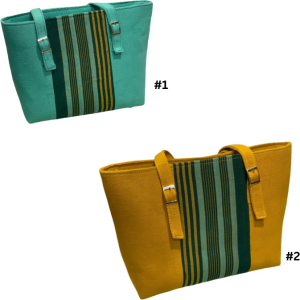 Tote Bag with Teal Stripe Woven Accent - Structured Shoulder Bag