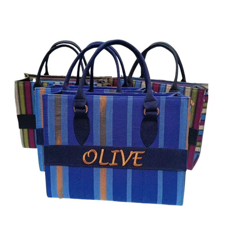 Multi-Stripe Woven Tote Bag with Embroidery Accent - Artisan Fabric Handbag