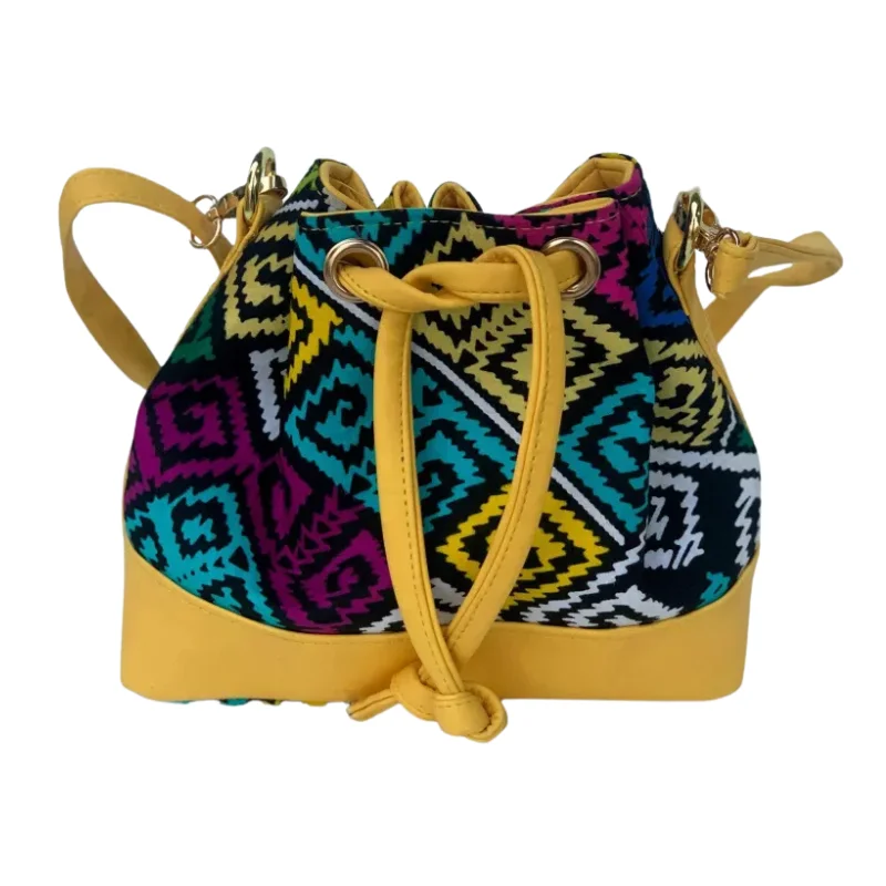 Vibrant Artisan Textile & Vegan Leather Handbag Collection - Ethnic Print Totes and Drawstring Bucket Bags2