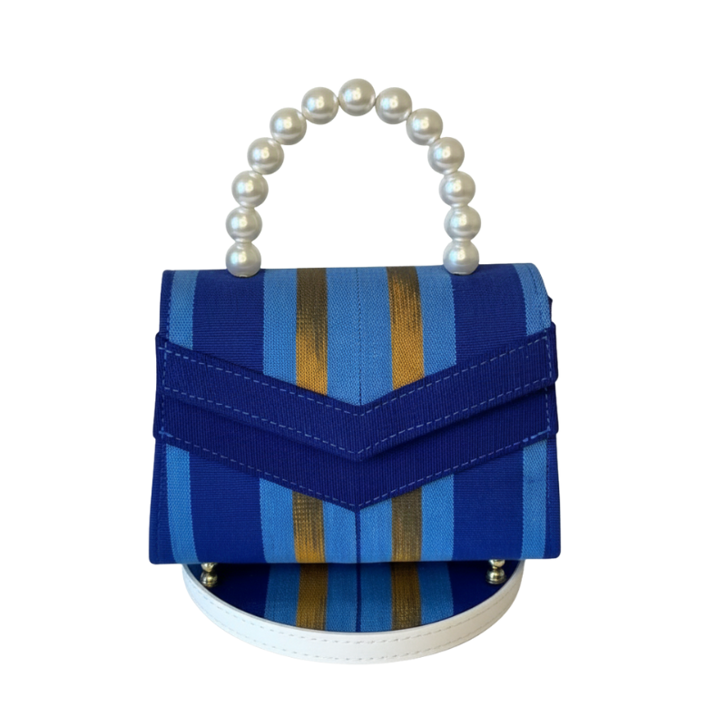 Luxury Blue Stripe Woven Mini Bag with Faux Pearl Beaded Handle2