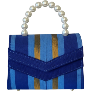 Luxury Blue Stripe Woven Mini Bag with Faux Pearl Beaded Handle