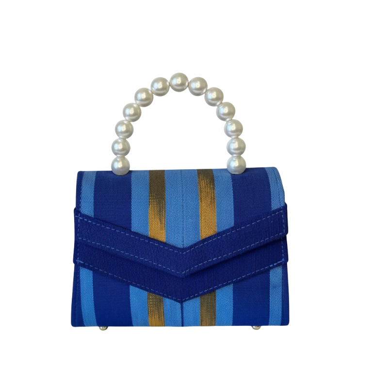 Luxury Blue Stripe Woven Mini Bag with Faux Pearl Beaded Handle