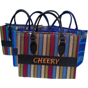 Multi-Stripe Woven Tote Bag with Embroidery Accent - Artisan Fabric Handbag1