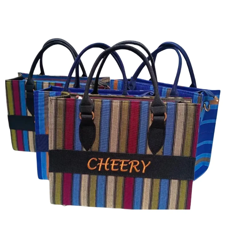 Multi-Stripe Woven Tote Bag with Embroidery Accent - Artisan Fabric Handbag1