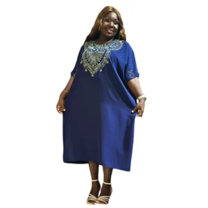 Midnight Blue Embellished Midi Kaftan - Chic Short-Sleeve Boubou Dress