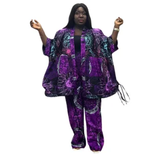 Vibrant Purple Floral Ankara 2-Piece Set – Kimono Wrap Jacket and Matching Wide-Leg Trousers