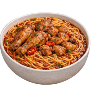 Jollof-Style Spaghetti with Grilled Chicken – Spicy African-Fusion Pasta Bowl