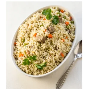 Authentic African Rad To Eat Coconut Rice with Tender Beef and Mixed Vegetables