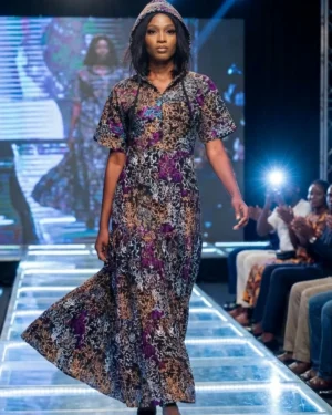 Mystical Violet Hooded Maxi Dress – Intricate Lace-Patterned Short-Sleeved Gown