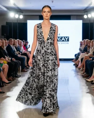 Elegant Monochromatic Floral Maxi Gown with Deep V-Neckline