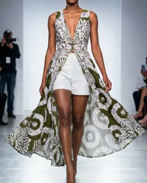 Chic Olive Floral Maxi Over-Dress with Integrated White Shorts