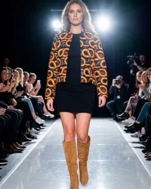 Sunset Swirl Patterned Crop Jacket – Bold Geometric Print Open Blazer