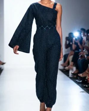 Elegant One-Shoulder Bell Sleeve Jumpsuit – Indigo Micro-Print Evening Jumpsuit