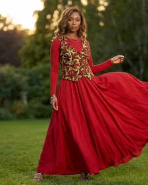 Elegant Red & Gold Ankara Waistcoat – Premium Floral African Print Vest