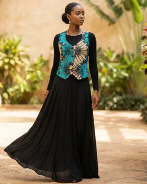 Vibrant Turquoise & Gold Ankara Waistcoat – Artistic Sunburst African Print Vest