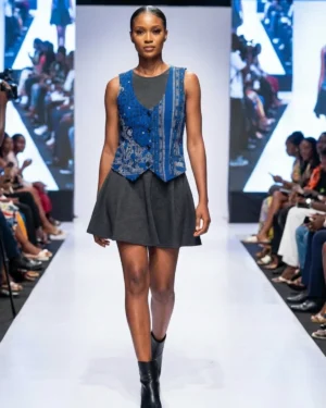 Cobalt Blue Patchwork Ankara Waistcoat – Artistic Indigo Mixed-Print Vest