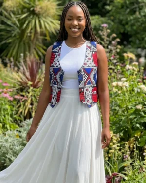 Bold Geometric Ankara Waistcoat – Vibrant Red, Blue & Monochrome African Vest