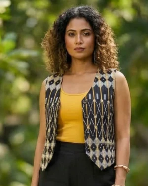 Sophisticated Monochrome & Gold Ankara Waistcoat – Diamond Lattice African Vest