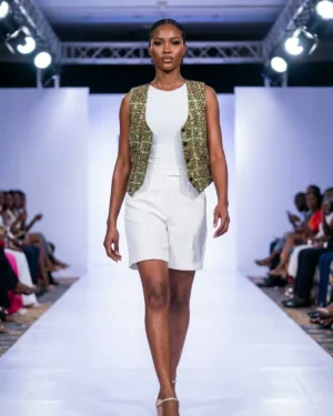 Classic Olive & Gold Ankara Waistcoat – Intricate Mosaic African Print Vest