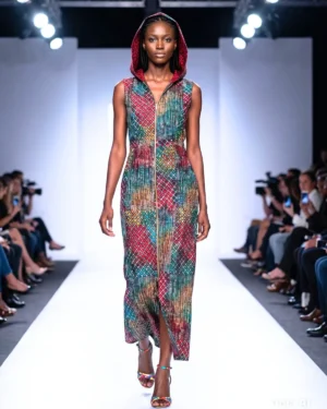 Vibrant Geometric Print Zip-Front Maxi Dress with Statement Hoodie