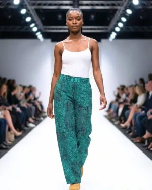 Chic Emerald Geometric Print High-Waisted Wide-Leg Trousers