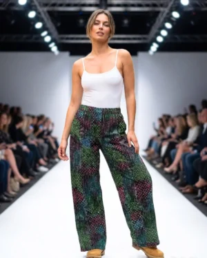 Exotic Multi-Color Mosaic Print High-Waisted Wide-Leg Trousers