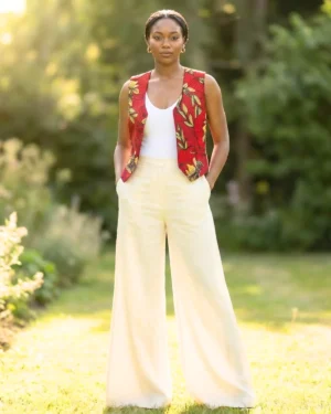 Chic Ankara Print Waistcoat and Cream Wide-Leg Trouser Set