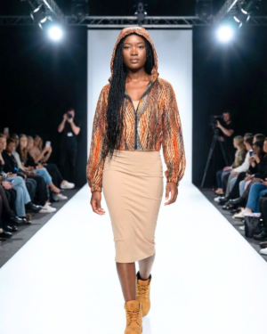 Modern Earth-Tone Cropped Hoodie and Midi Skirt Ensemble