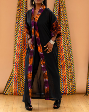 Chic Black Chiffon Long Kimono with Vibrant Batik Trim