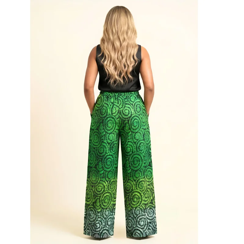 Amy High-Waisted Wide-Leg Palazzo Pants UK , Green Swirl Print Trousers - Image 2
